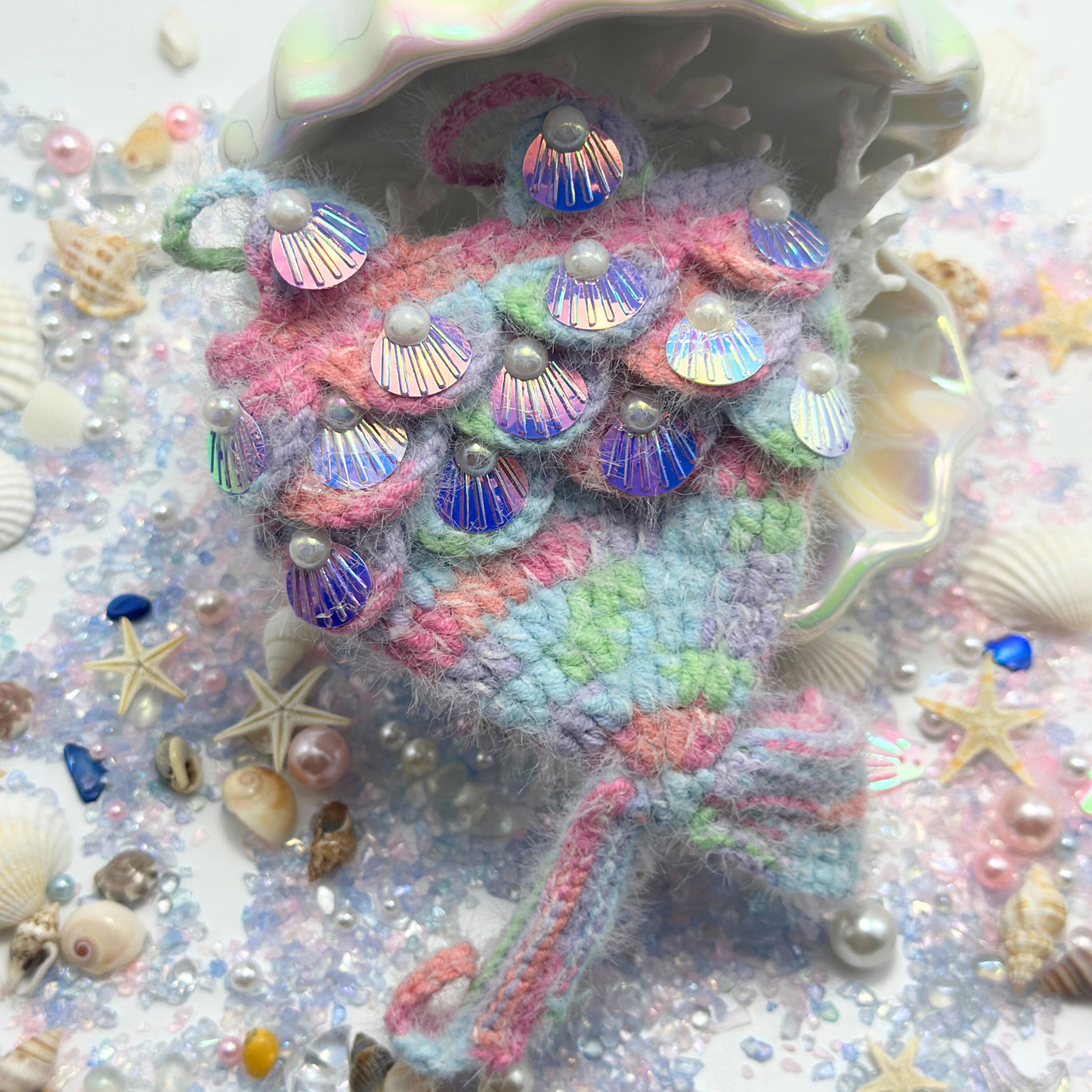 Pastel Mermaid Knit Outfit for Labubu Dolls | Handmade Rainbow Shell Set