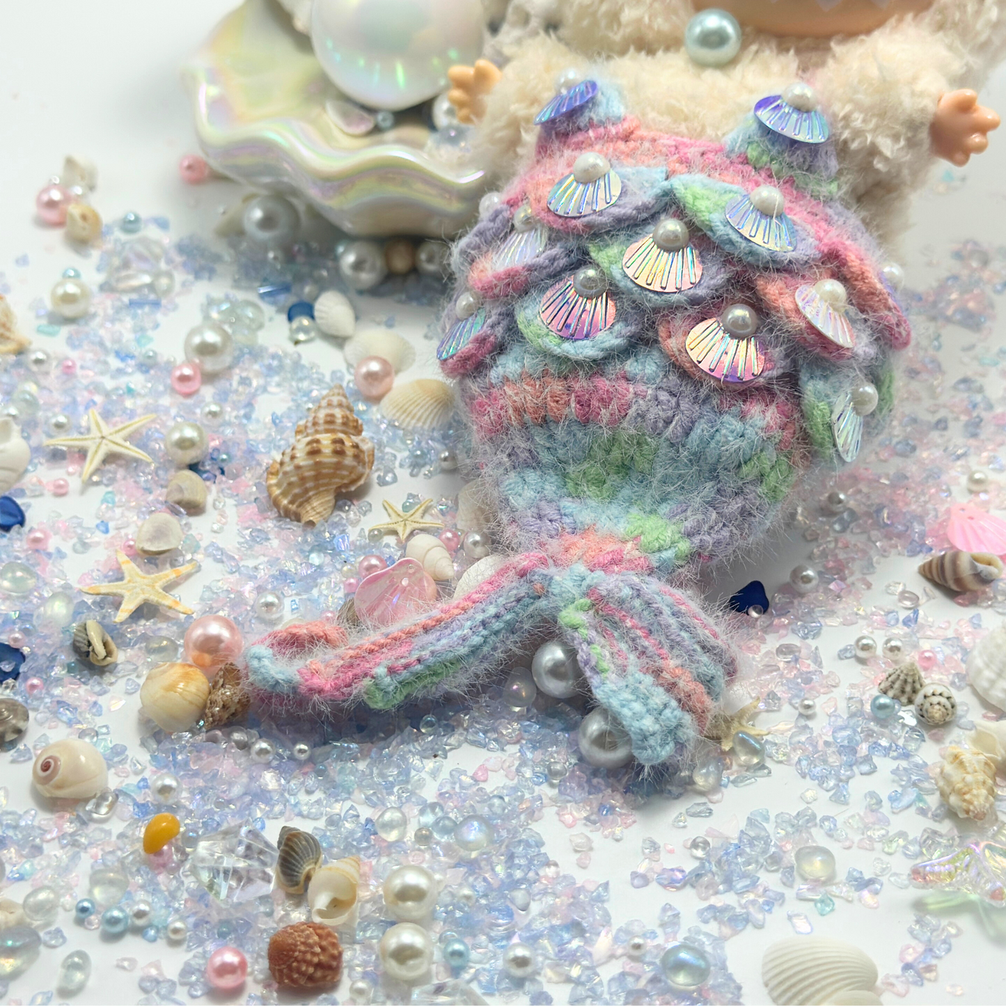 Pastel Mermaid Knit Outfit for Labubu Dolls | Handmade Rainbow Shell Set