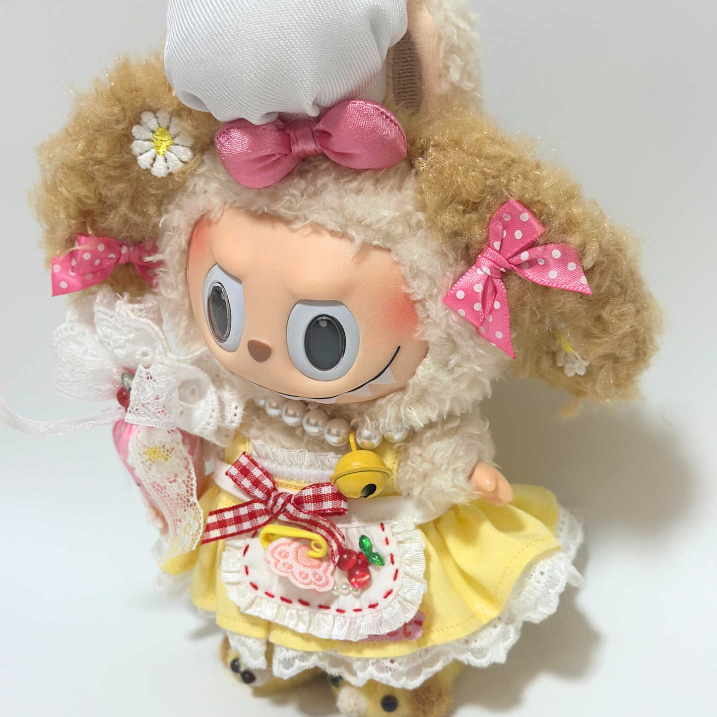 Handmade Yellow Labubu Dress Set with Bunny Headband – Cute Outfit for 15-17cm Labubus