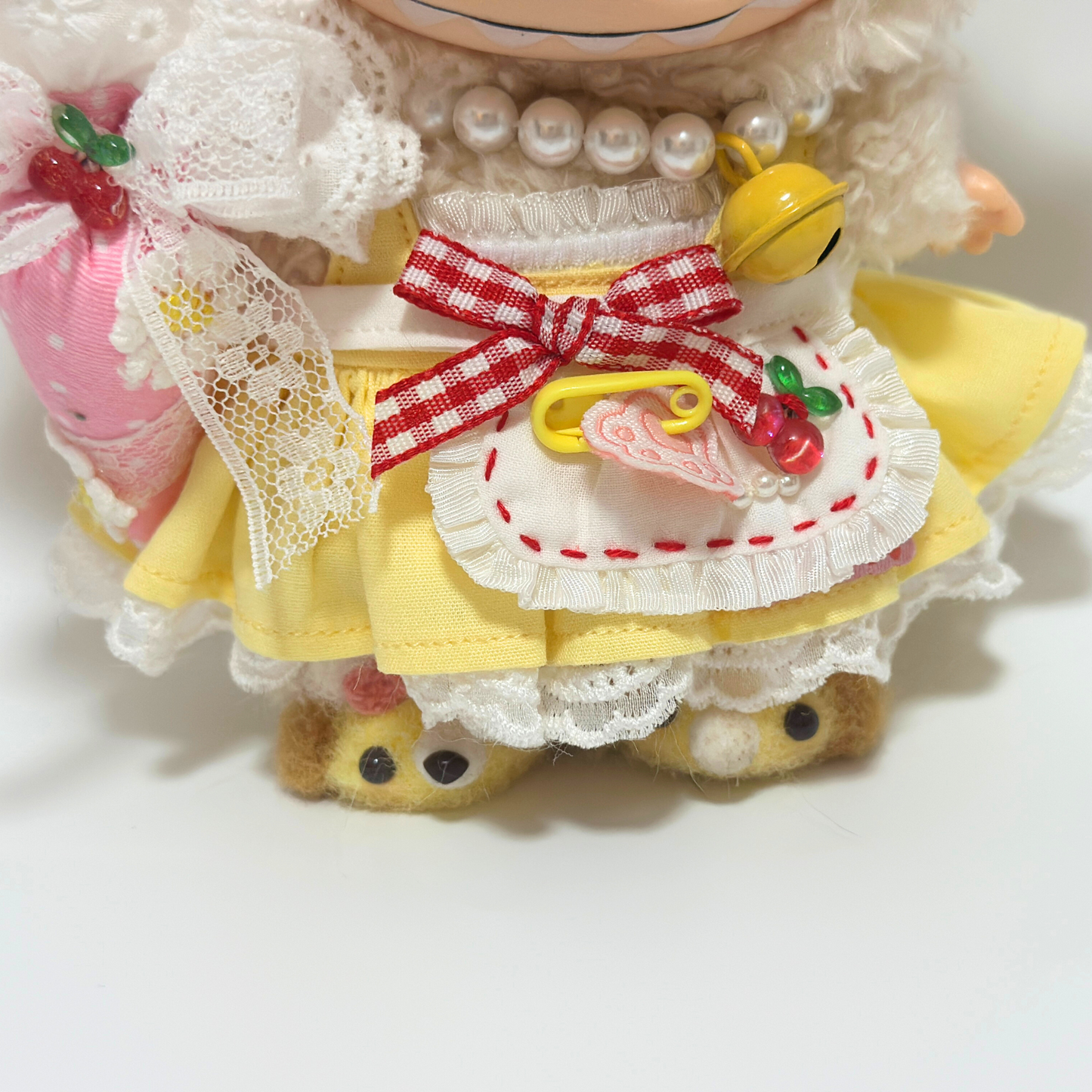 Handmade Yellow Labubu Dress Set with Bunny Headband – Cute Outfit for 15-17cm Labubus