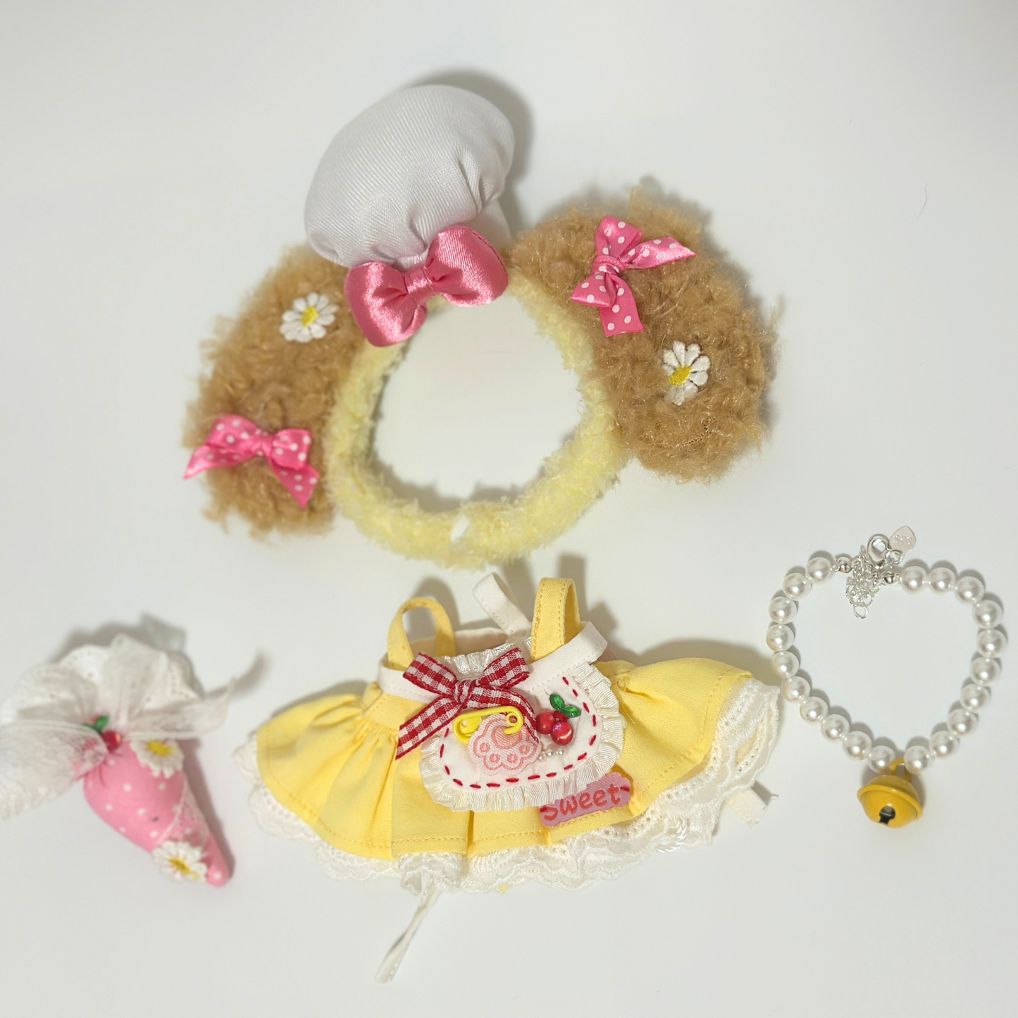 Handmade Yellow Labubu Dress Set with Bunny Headband – Cute Outfit for 15-17cm Labubus
