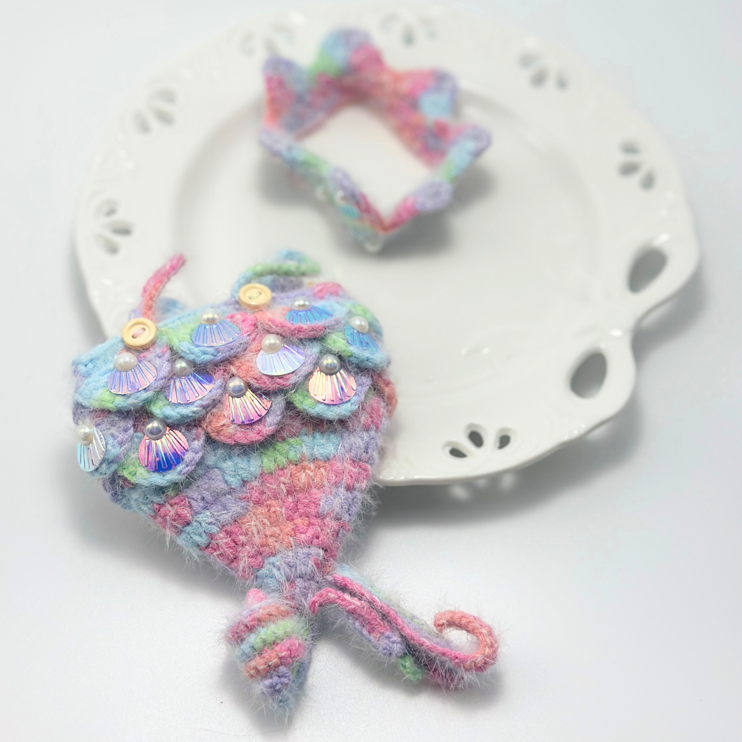 Pastel Mermaid Knit Outfit for Labubu Dolls | Handmade Rainbow Shell Set