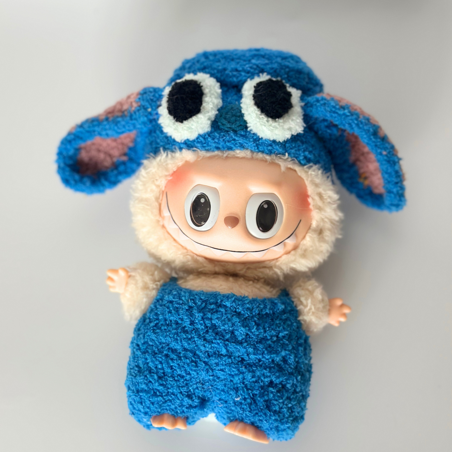 Stitch-Inspired Blue Fuzzy Labubu Outfit – Handmade Costume for 15–17cm Labubu Dolls
