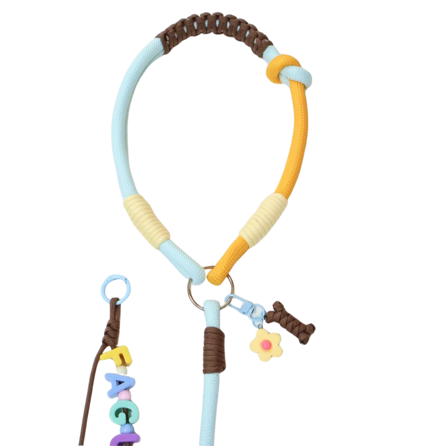 Custom Handwoven Dog Leash โ Dopamine Color Rope Leash with Name Charm for Small to Medium Pets