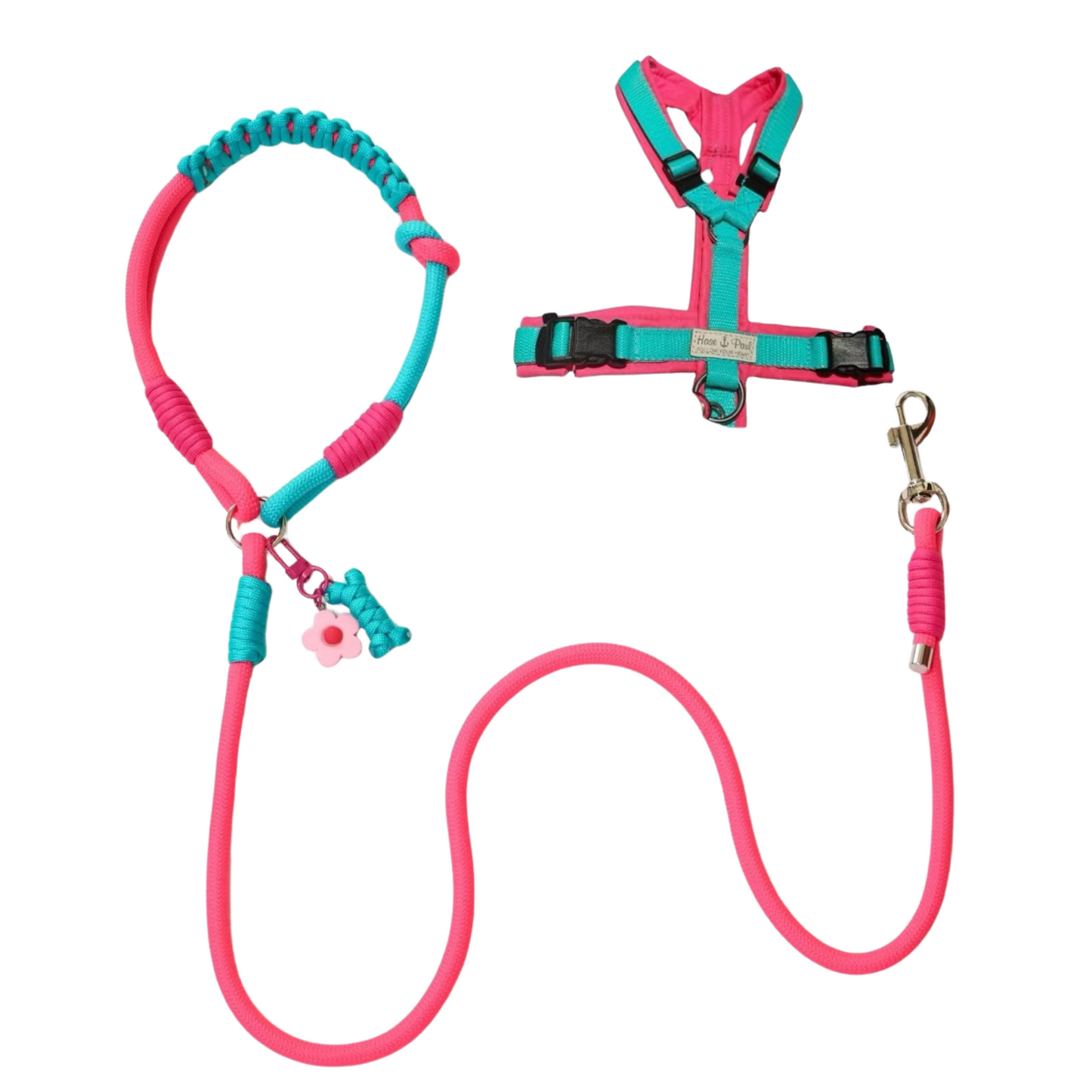 Handmade Dopamine Dog Leash – Pink & Teal Rope with Flower Charm