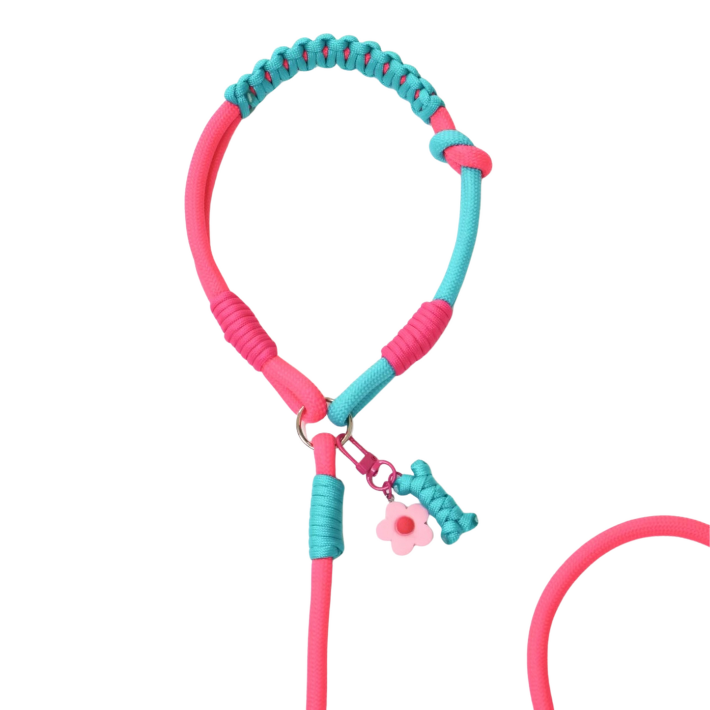 Handmade Dopamine Dog Leash – Pink & Teal Rope with Flower Charm