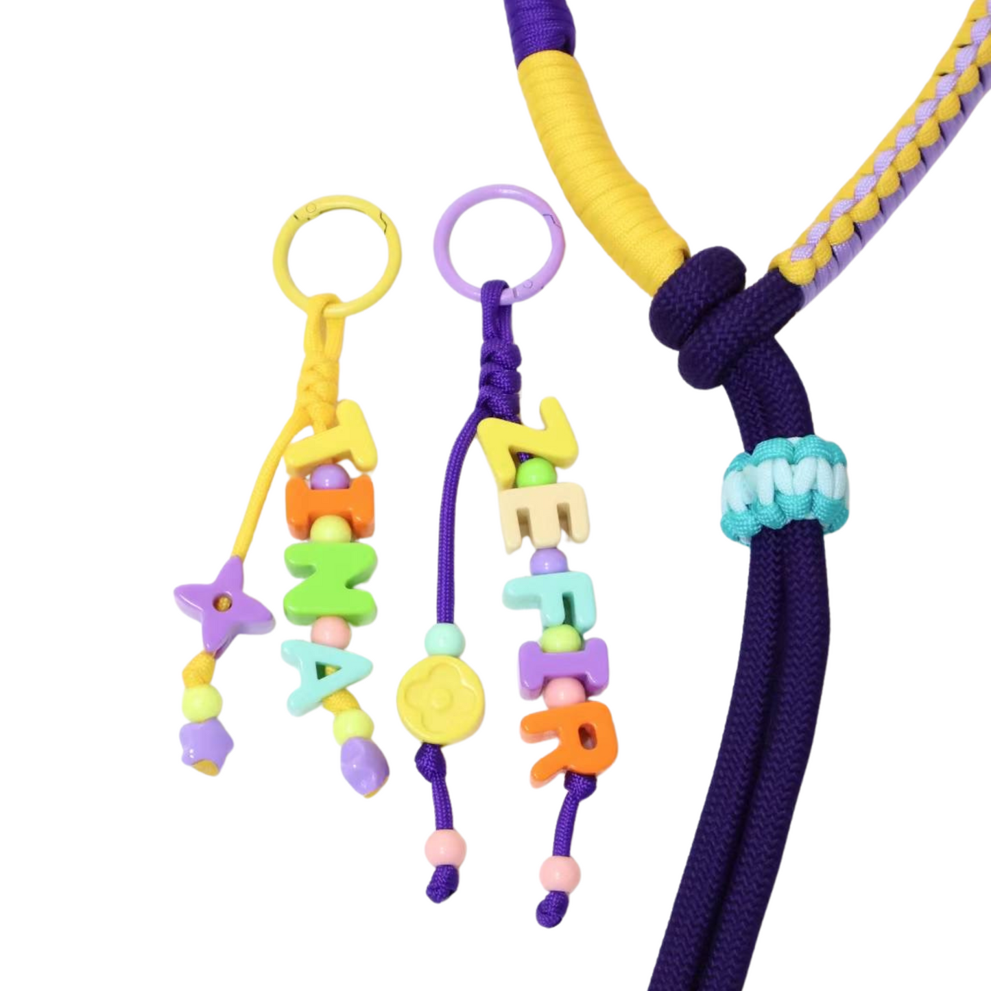 Purple Double Dog Leash with Custom Name Tag – Handmade Dual Lead Rope for Two Dogs Adjustable Handle