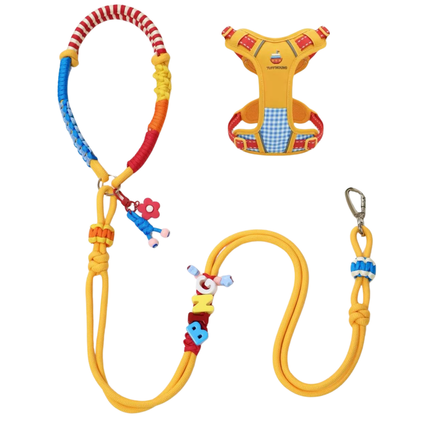 Colorful Rope Dog Leash with Custom Letter Beads – Handmade Multicolor Pet Lead