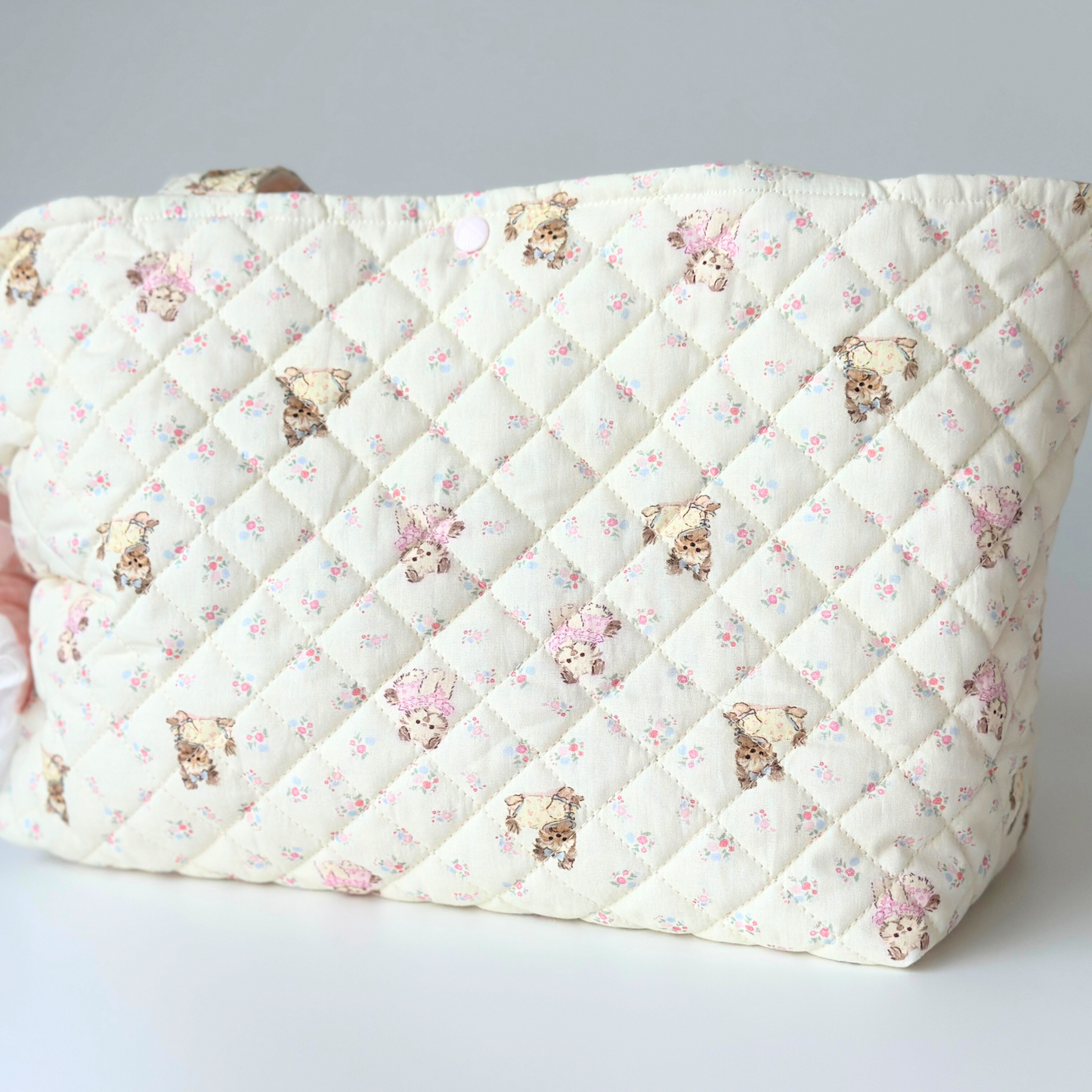 Handmade Quilted Pet Carrier Tote – Pastel Pink Dog Bag with Ruffle Lace and Teddy Print