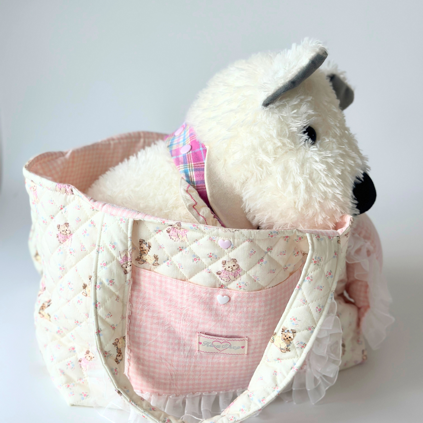 Handmade Quilted Pet Carrier Tote – Pastel Pink Dog Bag with Ruffle Lace and Teddy Print