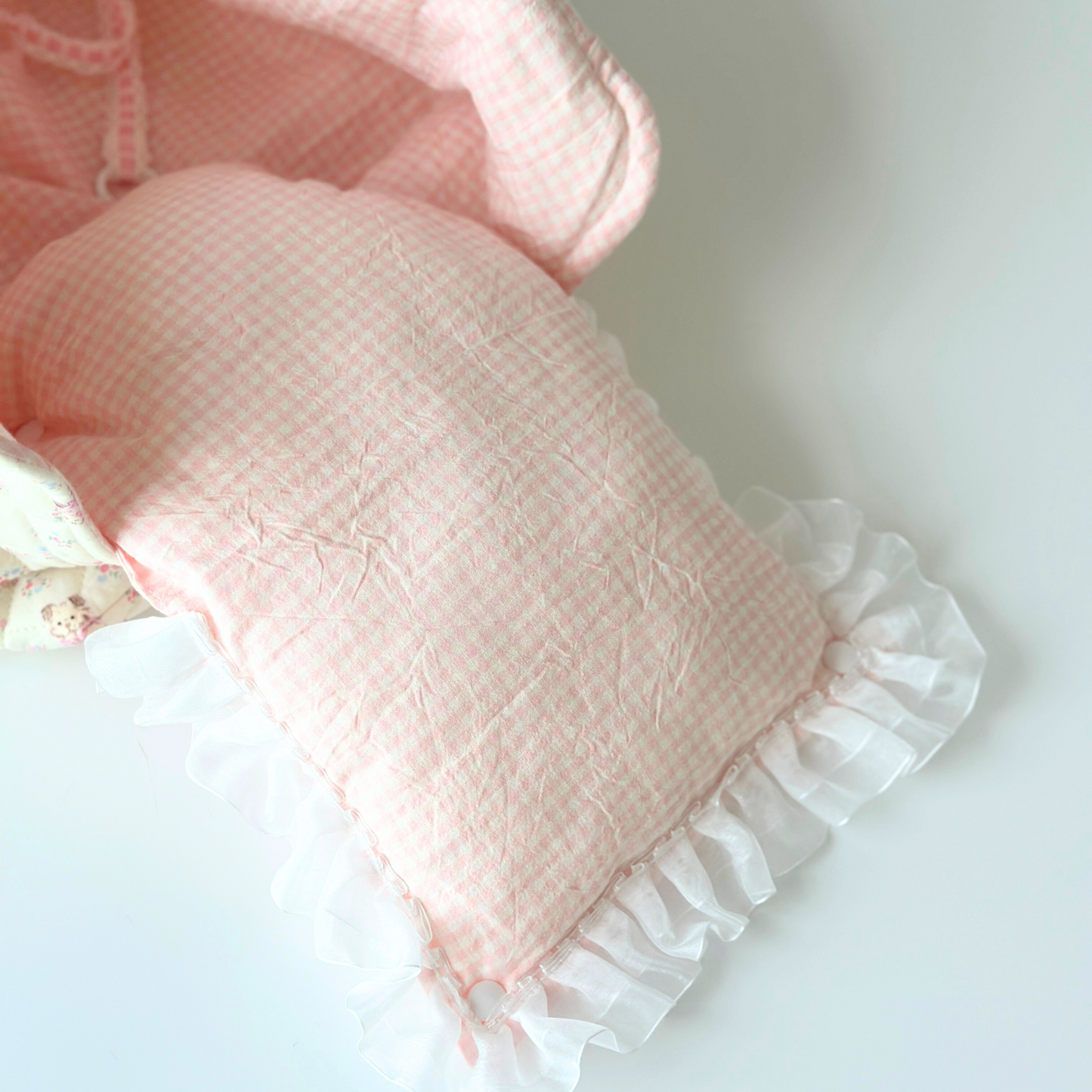 Handmade Quilted Pet Carrier Tote – Pastel Pink Dog Bag with Ruffle Lace and Teddy Print