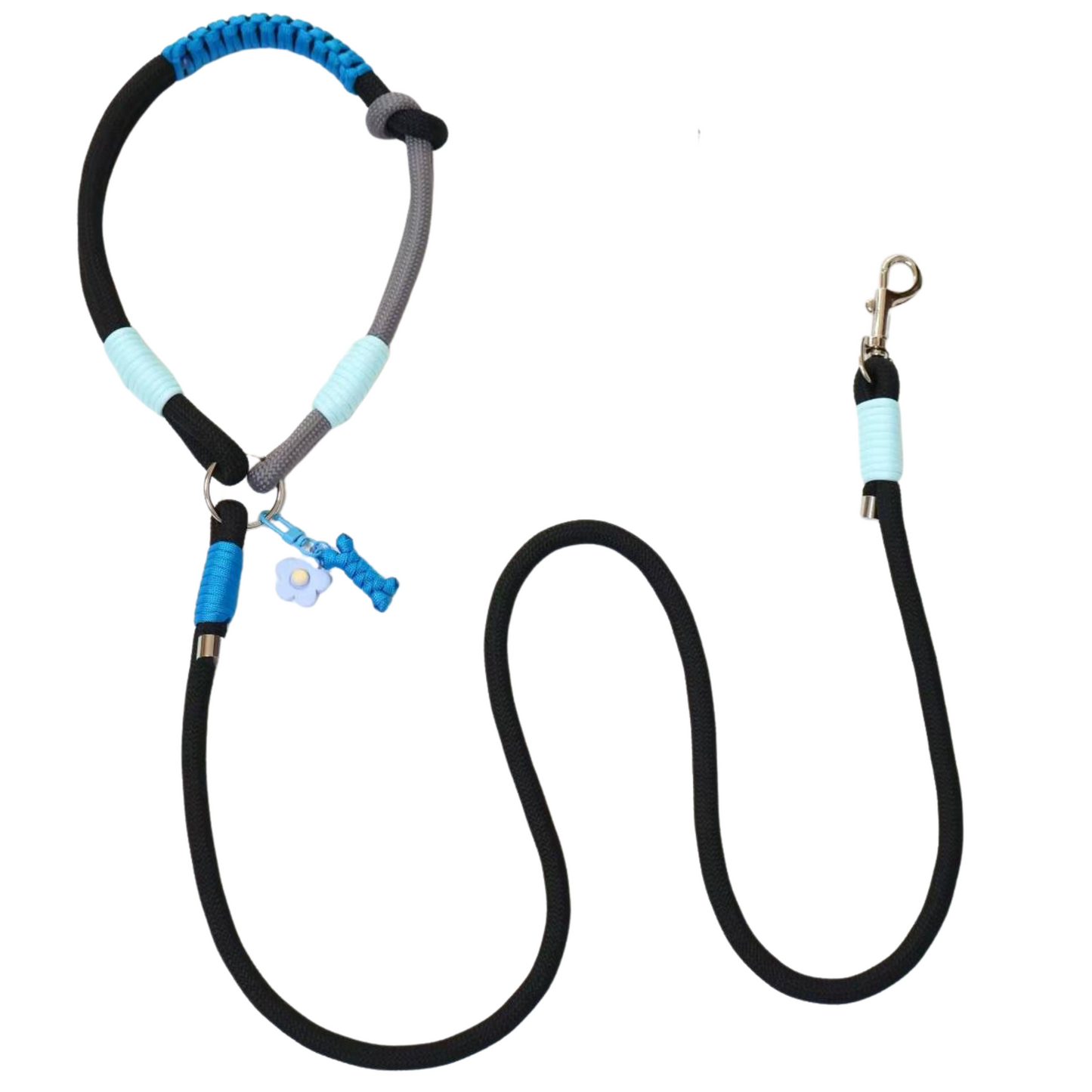 Blue and black slip lead dog leash with handle featuring light blue wrapped sections, blue flower charm and metal clasp on white background