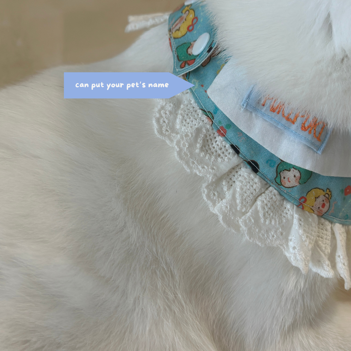 Customizable Cute Lace Pet Collar β Handmade Pet Ruffle Bib with Cartoon Print | Detachable Soft Cat Accessory for Photos & Outfits