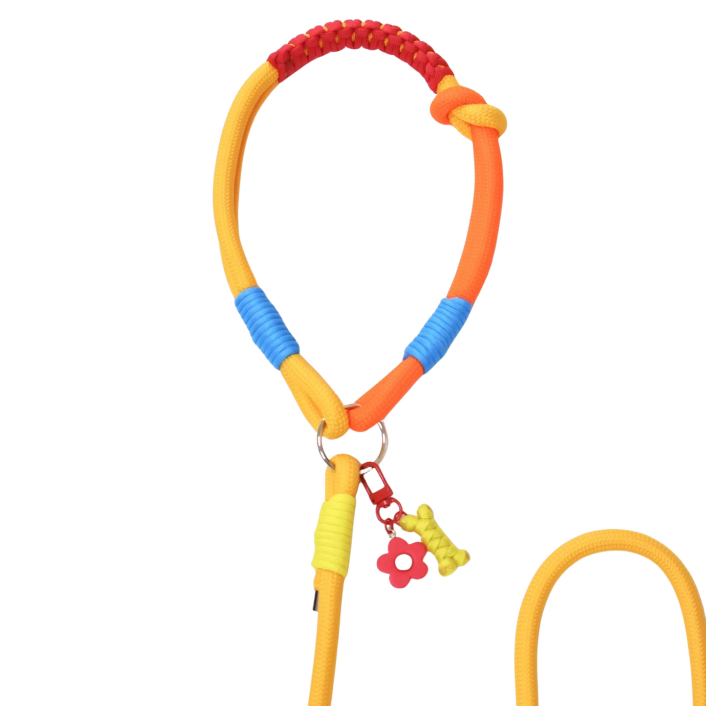 Close-up detail of colorful slip lead dog handle showing rainbow paracord weaving with red, yellow, orange and blue sections, flower charm and bone charm attachments