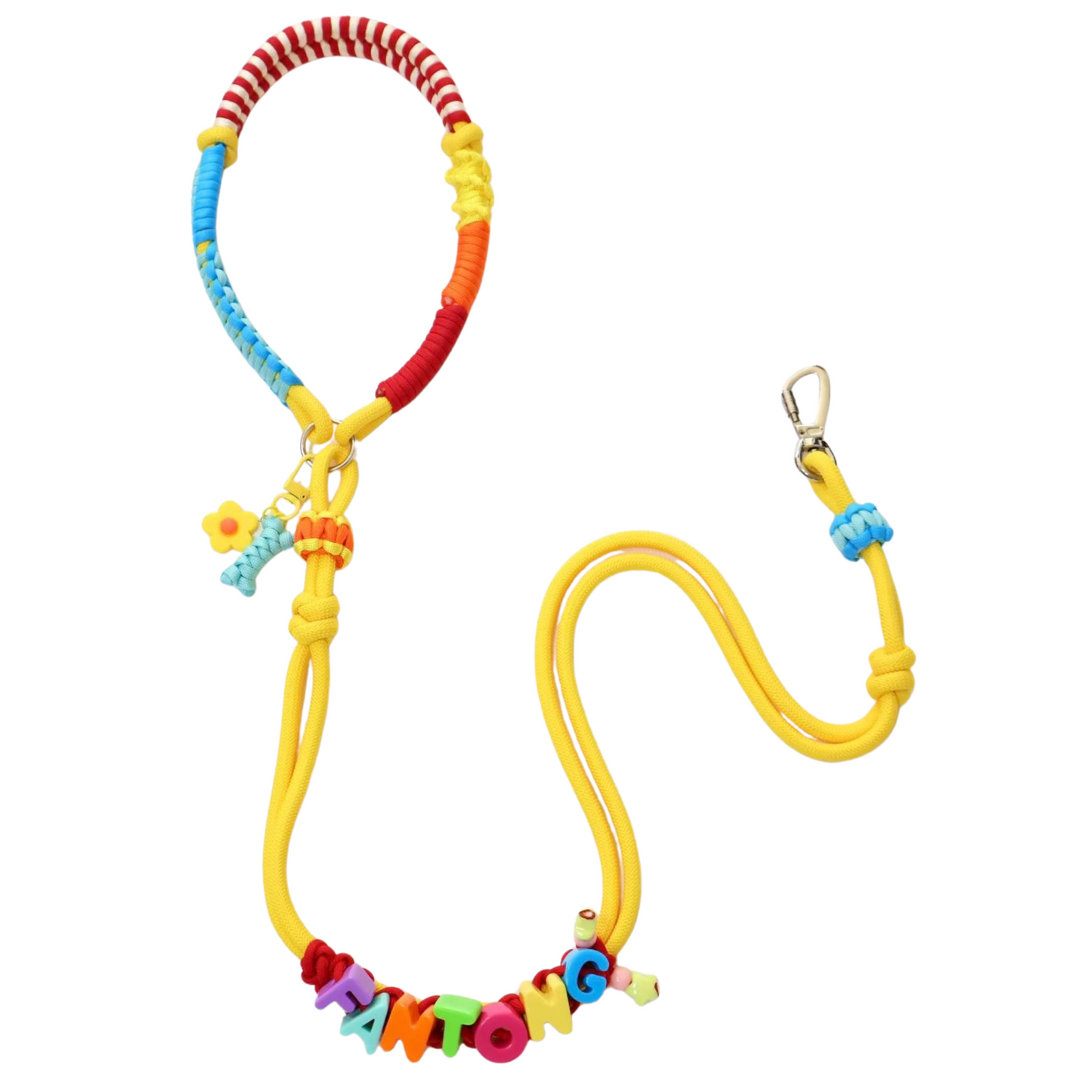 Personalized pet collar and leash matching set with custom name SANTOS spelled in colorful alphabet beads, yellow rope leash with rainbow woven collar featuring blue, orange, red accents and flower charm