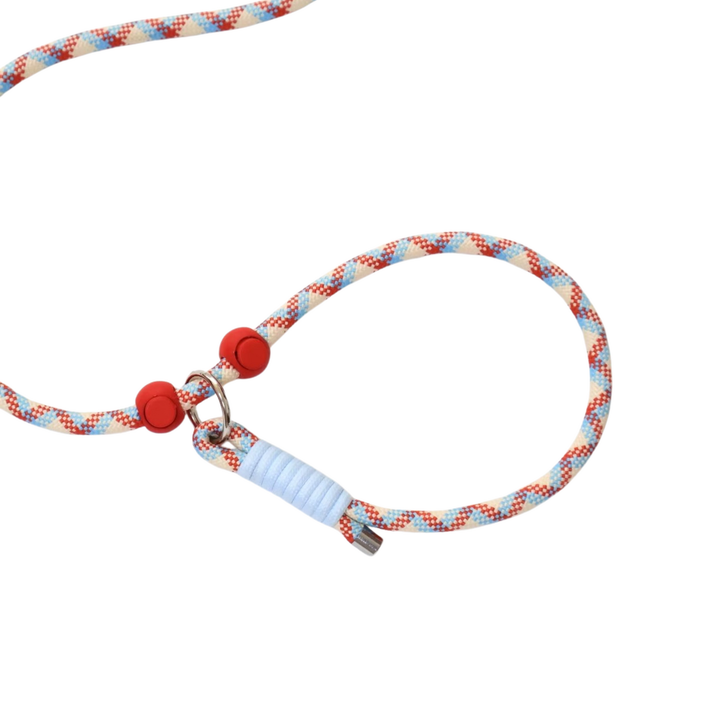 Colorful beaded rope dog collar detail showing slip lead design with red adjustable stoppers