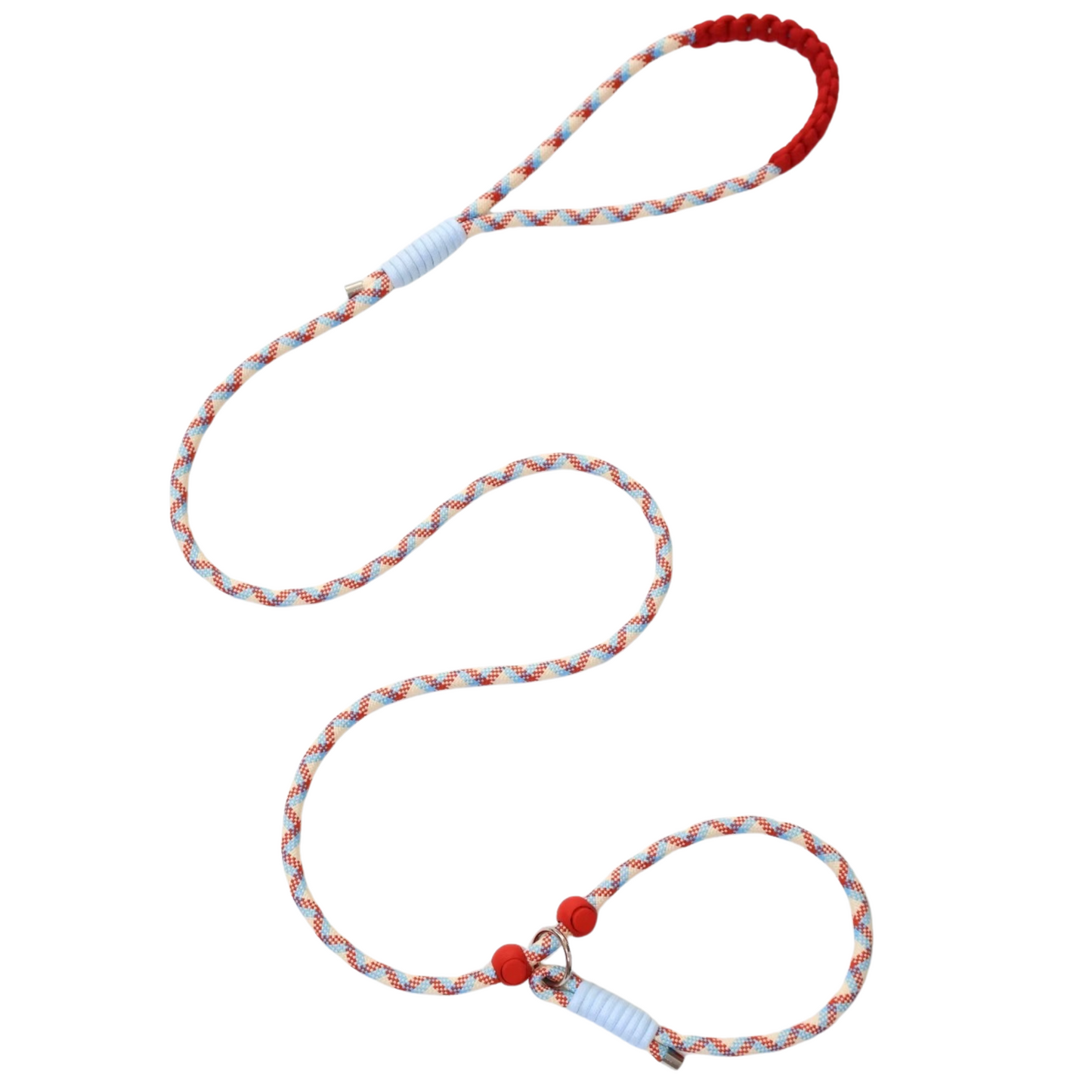 Handmade red and blue climbing rope pet leash with red padded handle and adjustable collar.