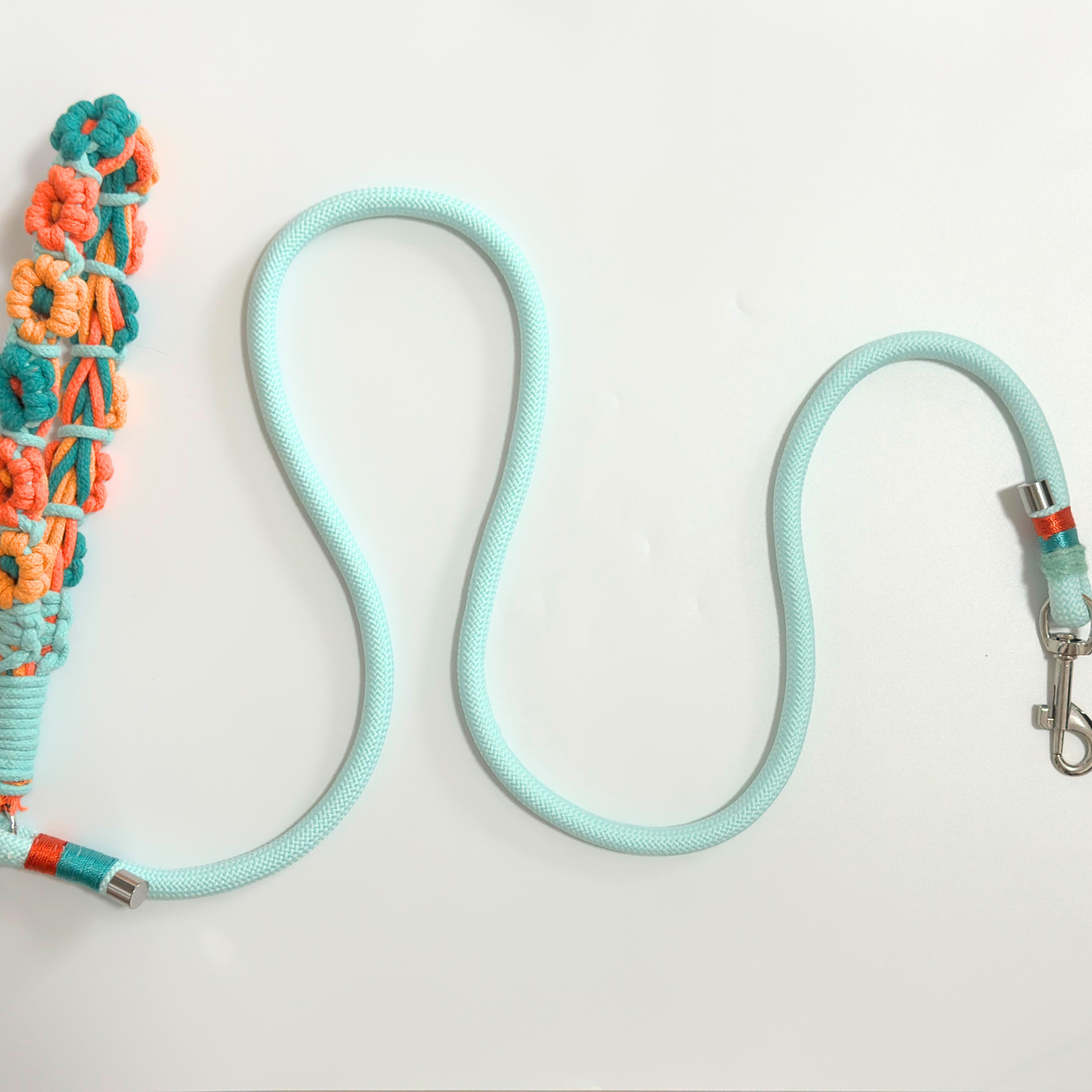 Light blue dog leash with colorful handle on a white background