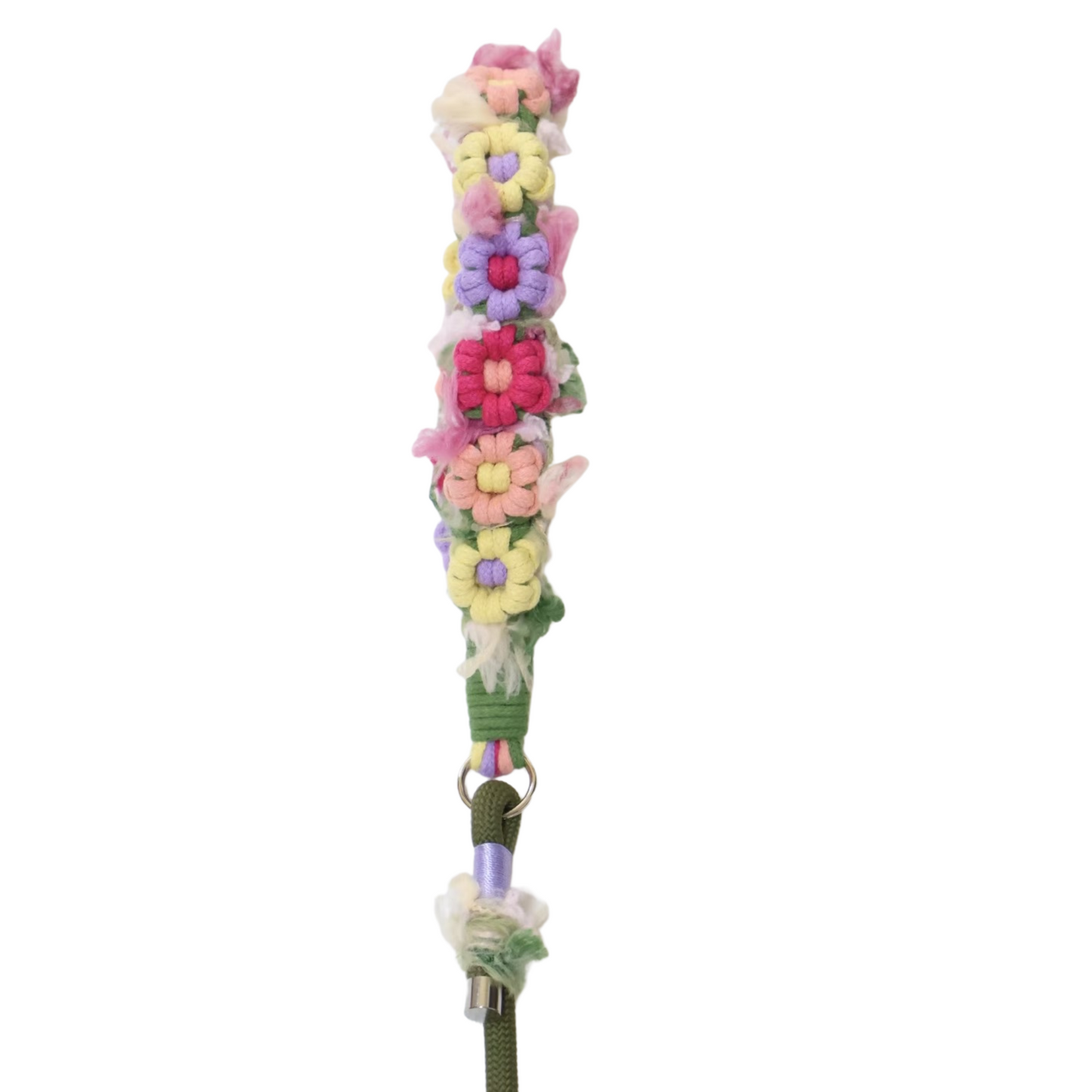 Dog leash handle section with dense colorful flower decorations in pink, purple, yellow, and white flowers on rope with green wrapping