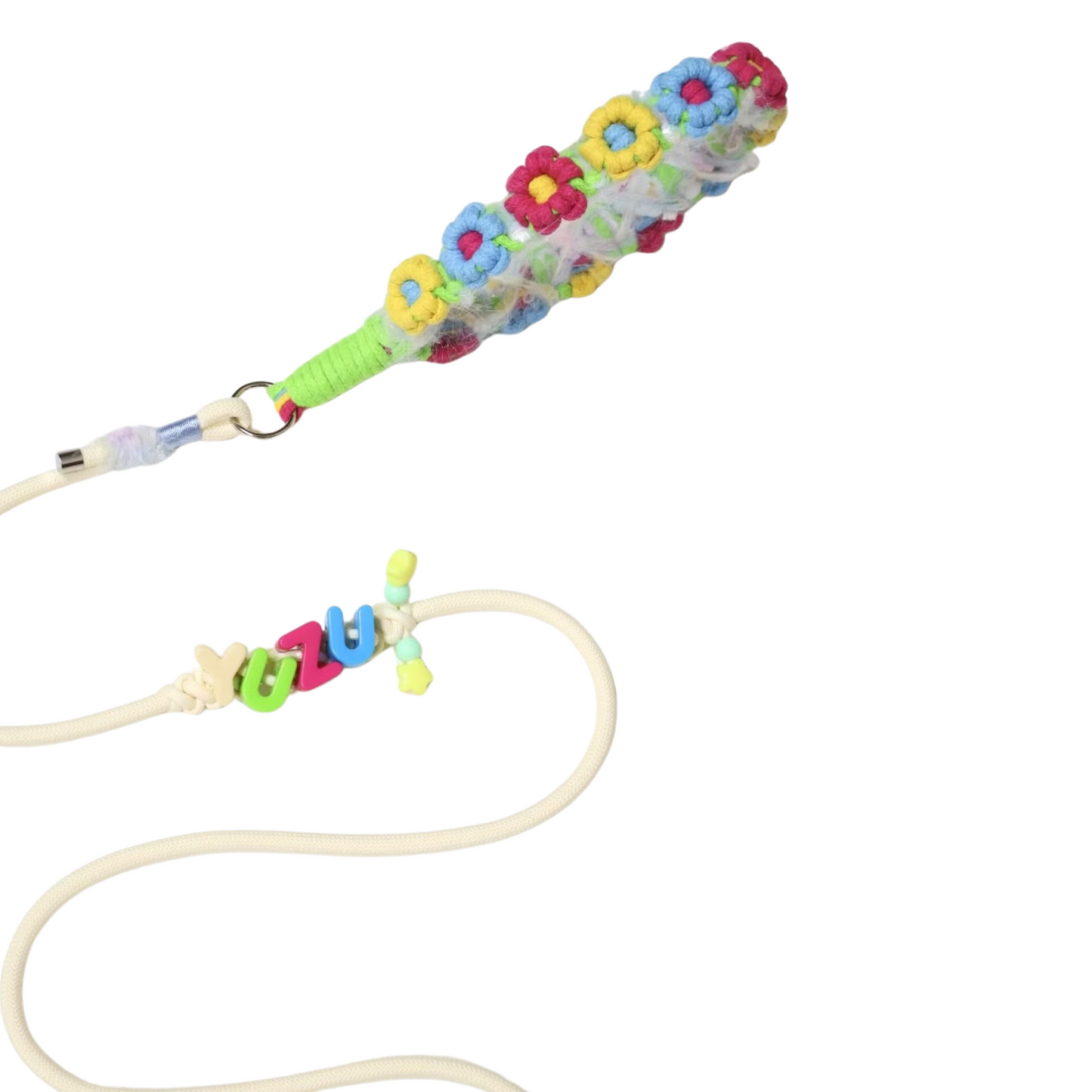Dog leash with colorful floral pattern sleeve and decorative letter charms, featuring green grip handle and white cord