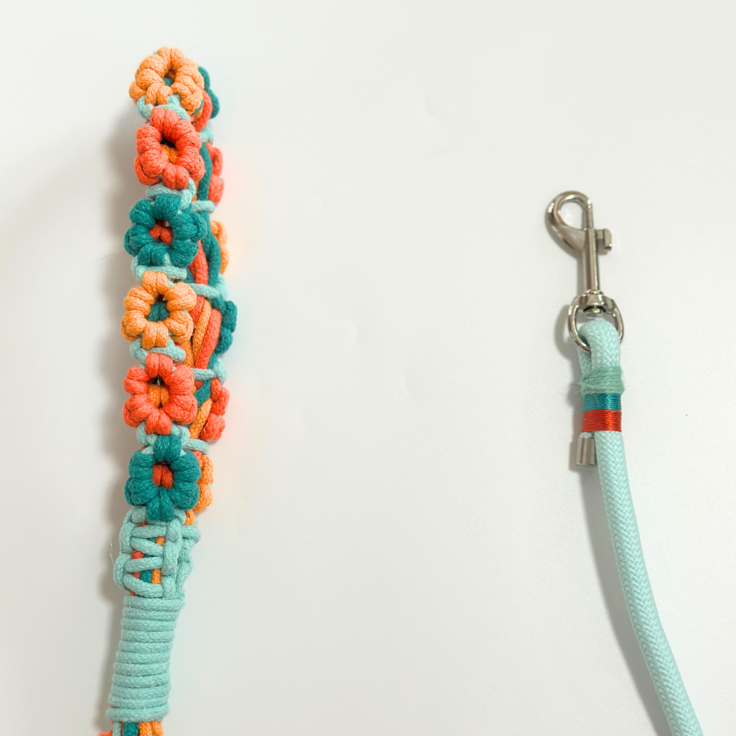 Colorful braided dog leash with a metal clip on a white background