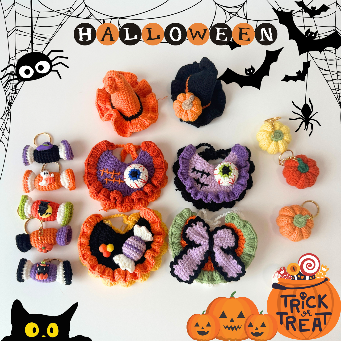 Collection of Halloween-themed crochet decorations on a white background with spider webs and pumpkins.