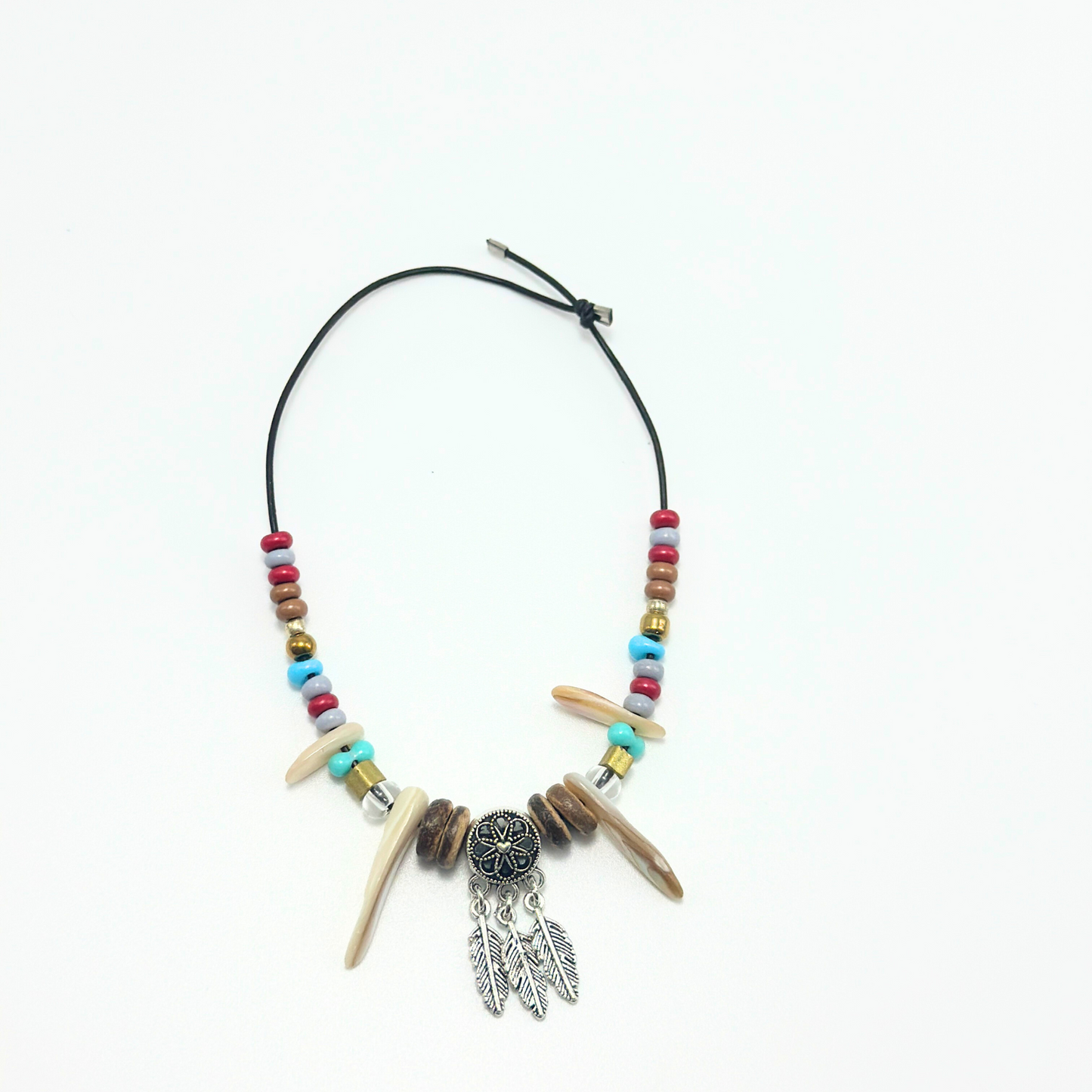 Labubu ceremonial tribal necklace featuring multicolored beads, bone charms, turquoise accents and silver feather dreamcatcher pendant for doll costume