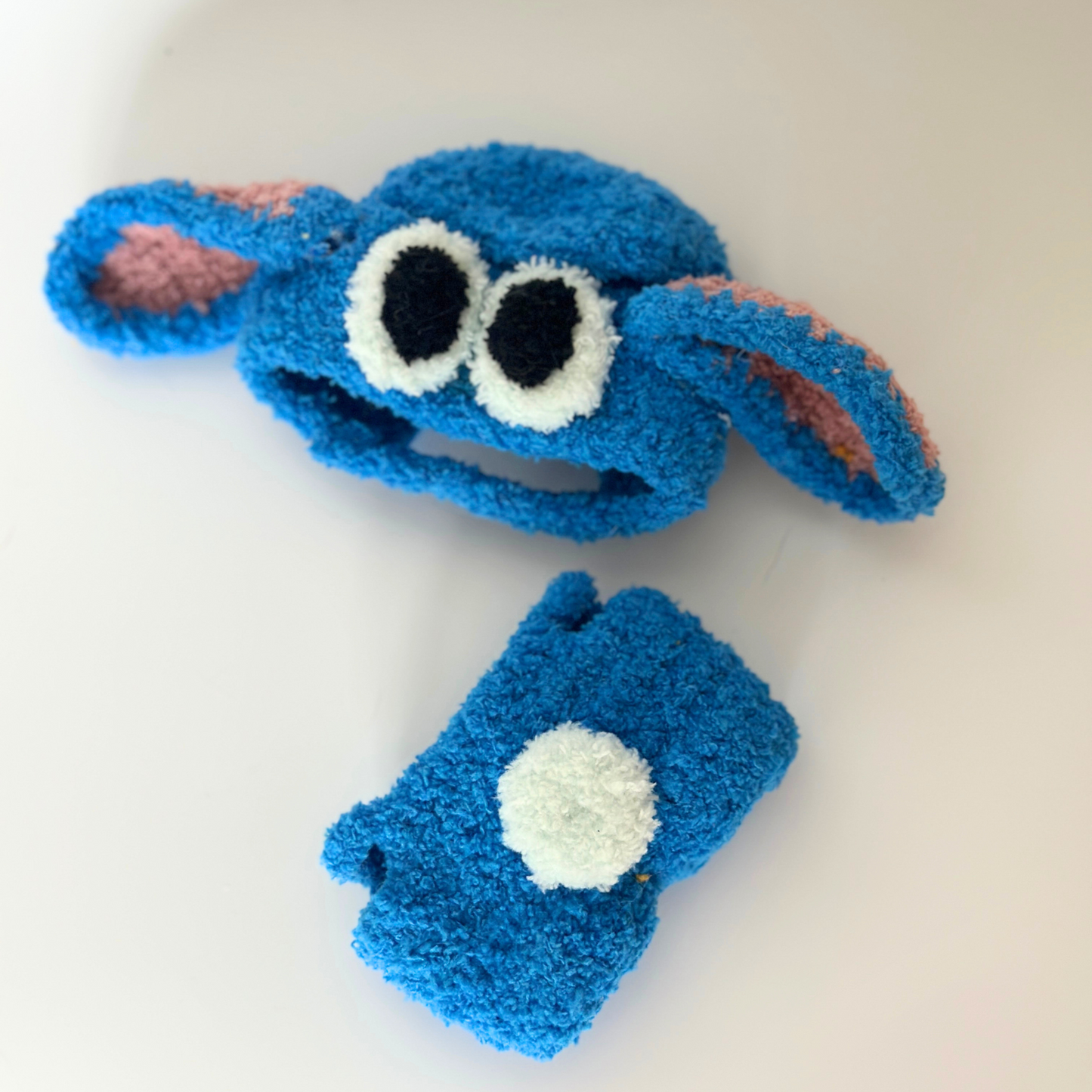 Blue Stitch inspired Labubu doll outfit set with fluffy fabric, including hat with big ears and matching pants with white tail