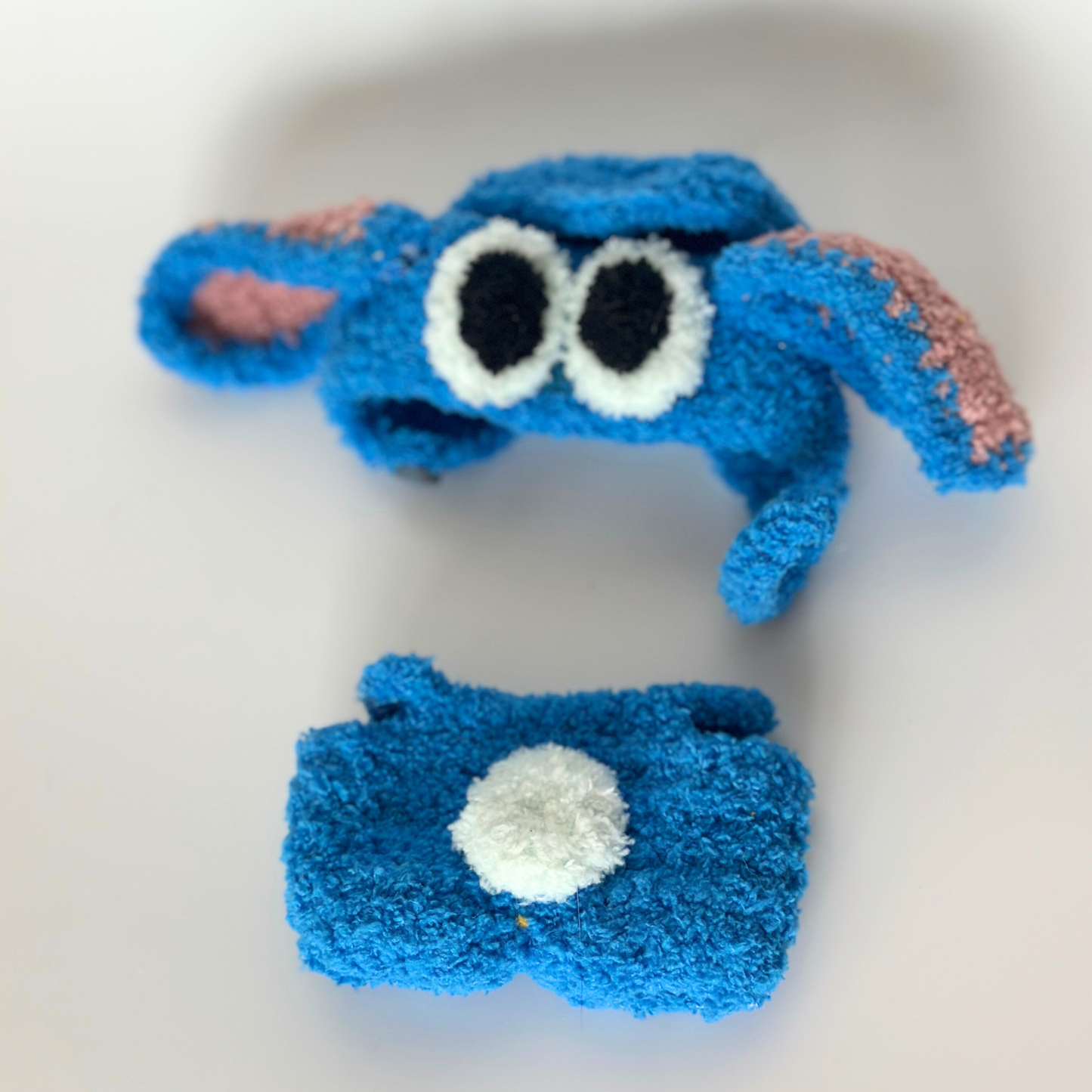 Blue Stitch inspired Labubu doll outfit set with fluffy fabric, including hat with big ears and matching pants with white tail
