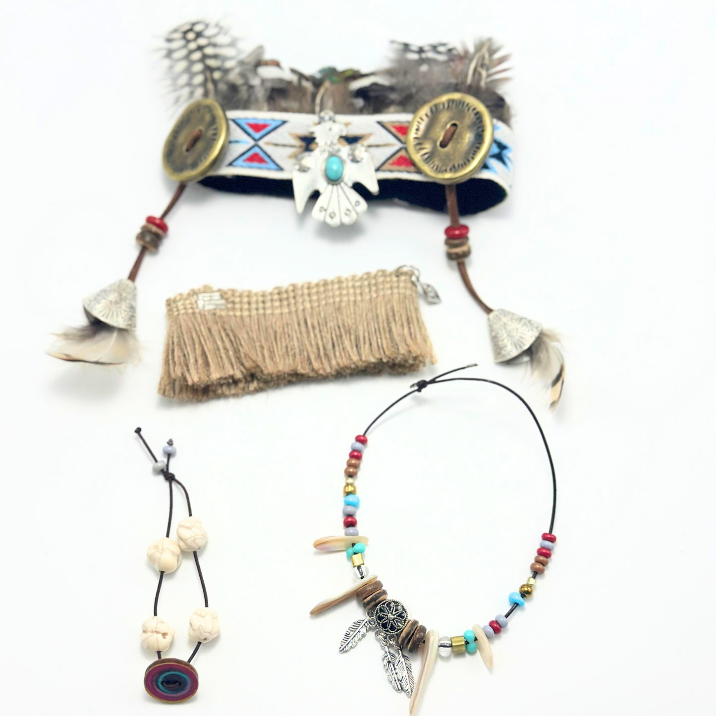 Decorative headband with feathers and beads, and two necklaces on a white background