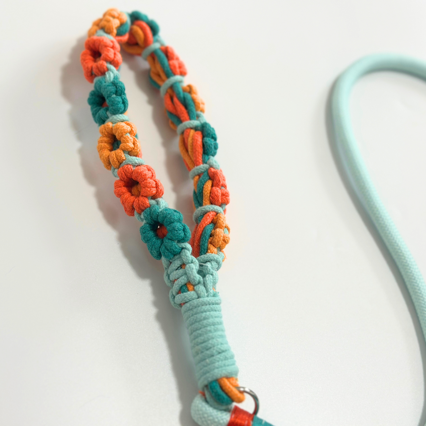 Dog leash with crochet flowers - Mint green rope pet leash with orange and teal handmade floral decorations, metal clip for small to medium dog