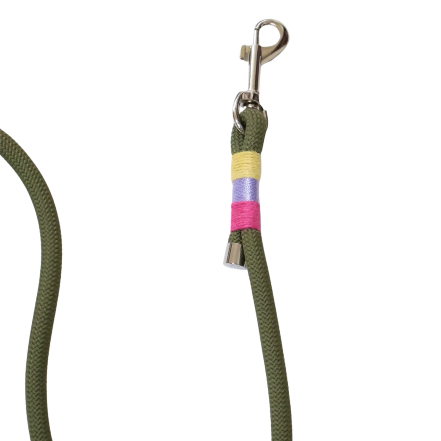 Olive green rope dog leash with colorful thread wrapping in yellow, purple, and pink near metal clasp hardware