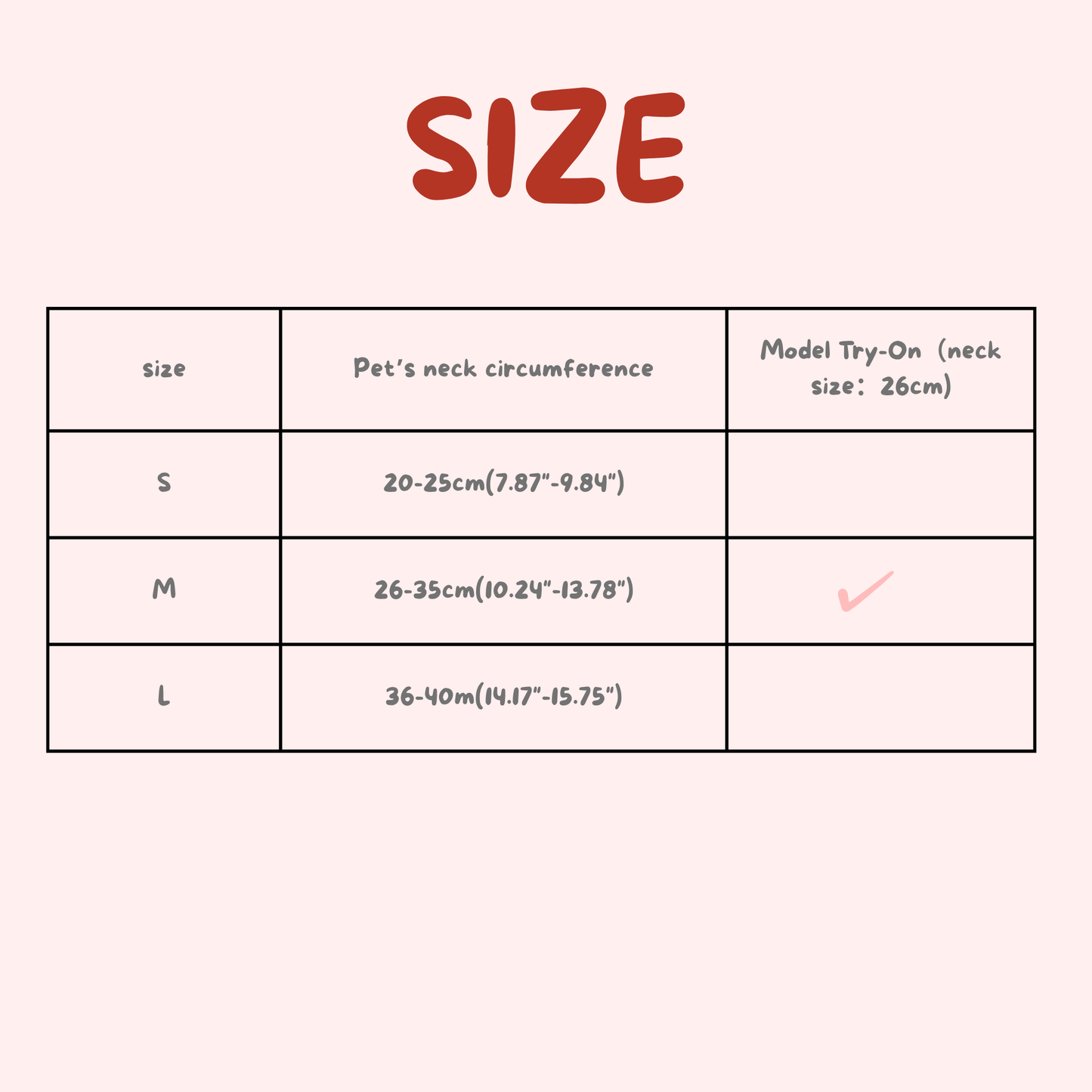 Size chart for pet accessories with neck circumference measurements and a model try-on checkmark.