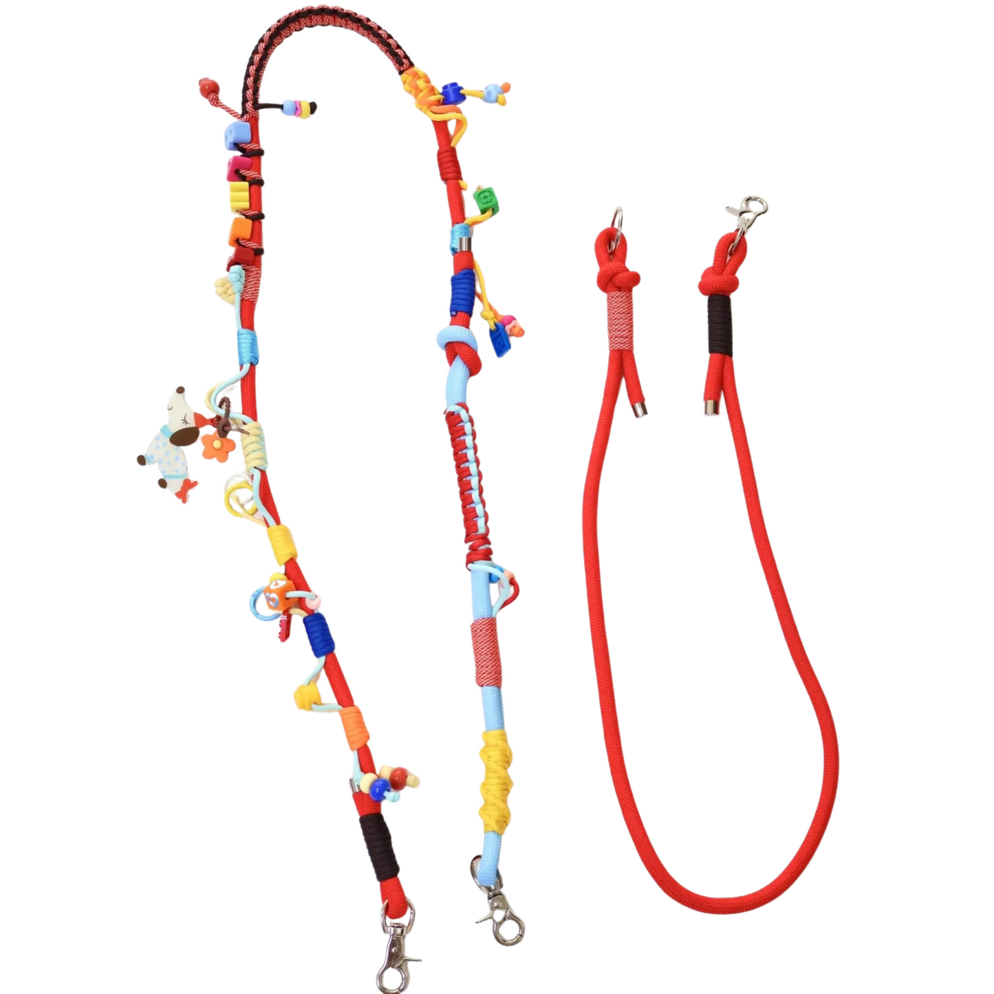 Collection of multifunctional colorful crossbody pet leashes with decorative beads and charms - doubles as phone lanyard straps