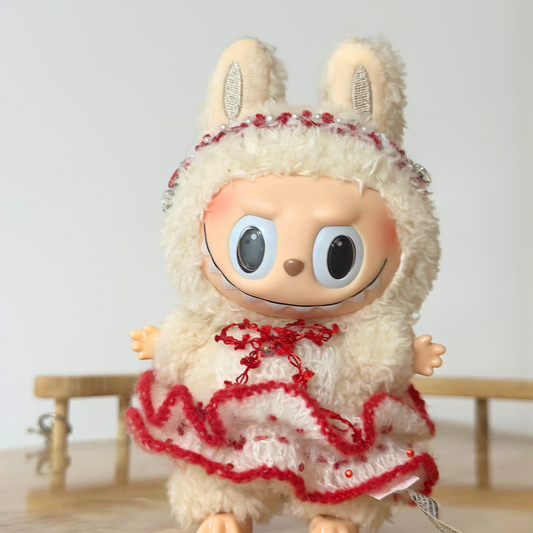Red & White Ruffle Crochet Doll Skirt for Labubu – Handmade Labubu Clothes Fluffy Dress with Beaded Details