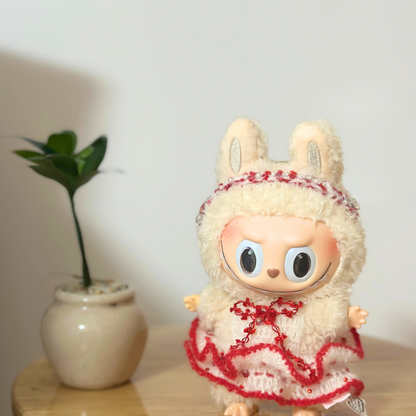 Red & White Ruffle Crochet Doll Skirt for Labubu – Handmade Labubu Clothes Fluffy Dress with Beaded Details
