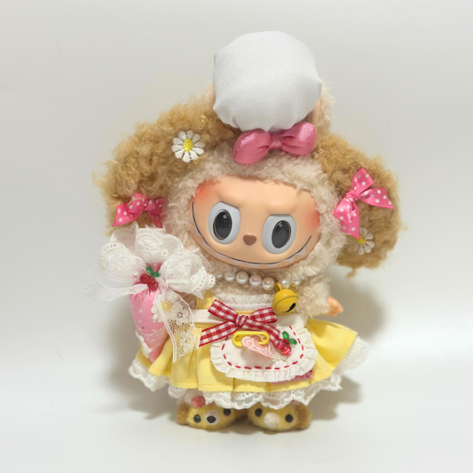 Handmade Yellow Labubu Dress Set with Bunny Headband – Cute Outfit for 15-17cm Labubus