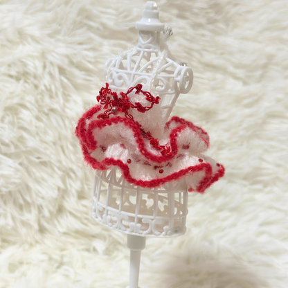 Red & White Ruffle Crochet Doll Skirt for Labubu – Handmade Labubu Clothes Fluffy Dress with Beaded Details