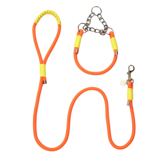 Handwoven Orange Dog Leash & Collar Set - Adjustable Reflective Matching Set for Dogs