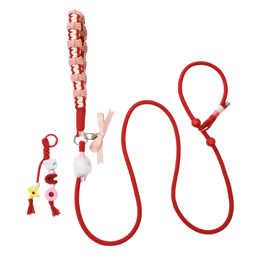 Red Bow P-Style Dog Leash – Custom Rope Leash with Name Tag for Small & Medium Dogs