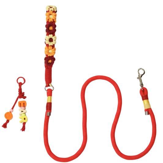 Red Floral Handle Dog Leash – Custom Rope Leash with Personalized Name Tag for small dogs or cats