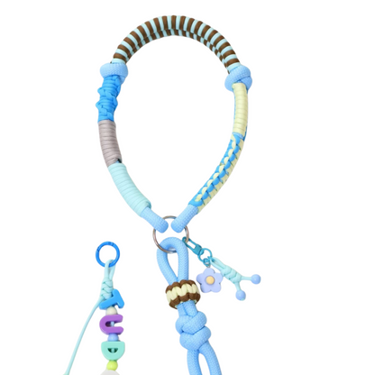 Custom Blue Handwoven Dog Leash with Name Charm – Dopamine Color Rope Leash for Small to Medium Pets