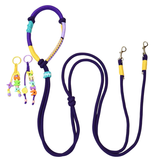 Purple Double Dog Leash with Custom Name Tag – Handmade Dual Lead Rope for Two Dogs Adjustable Handle