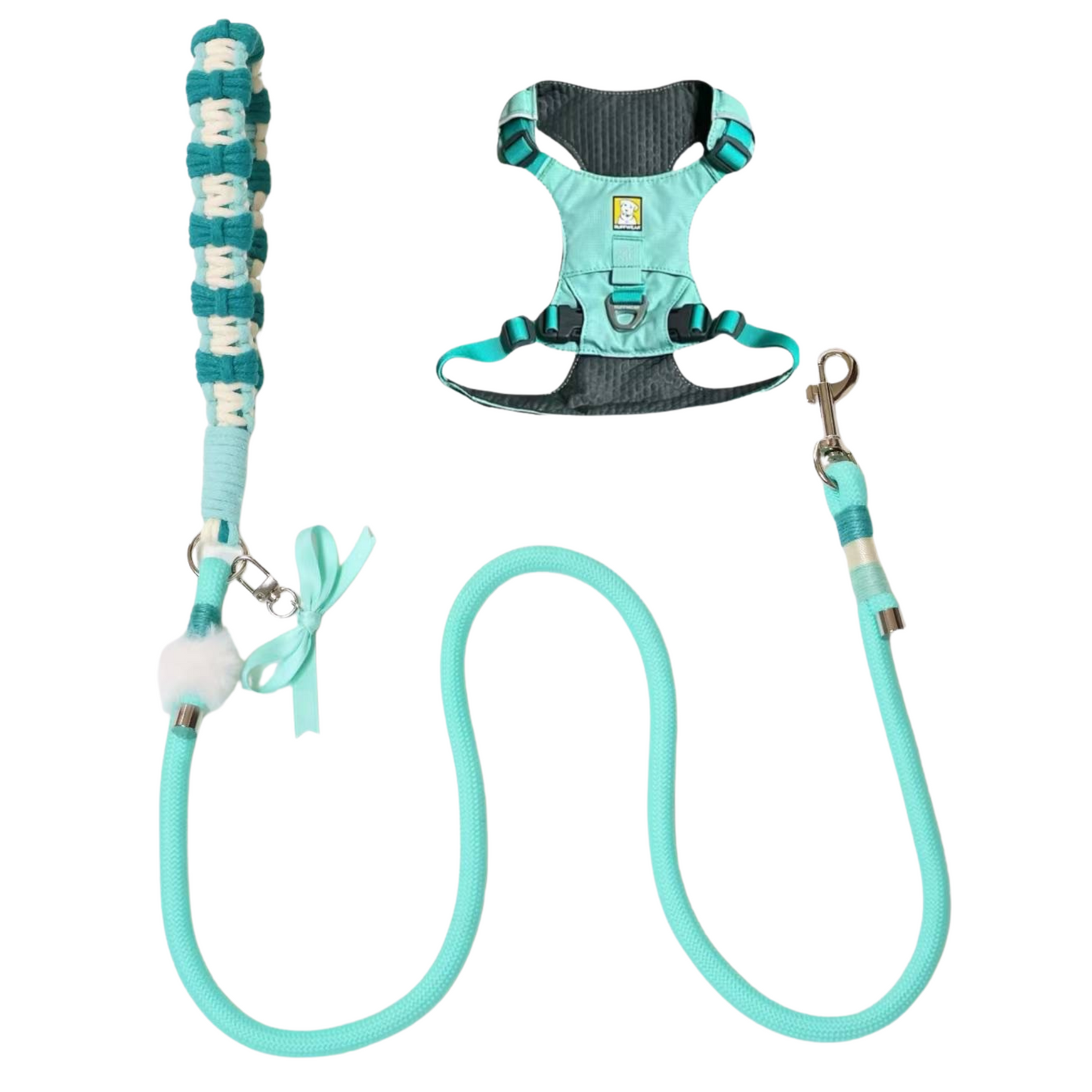 Handmade Tiffany Blue Dog Leash – Cute Rope Pet Lead with Bow and Fluffy Charm