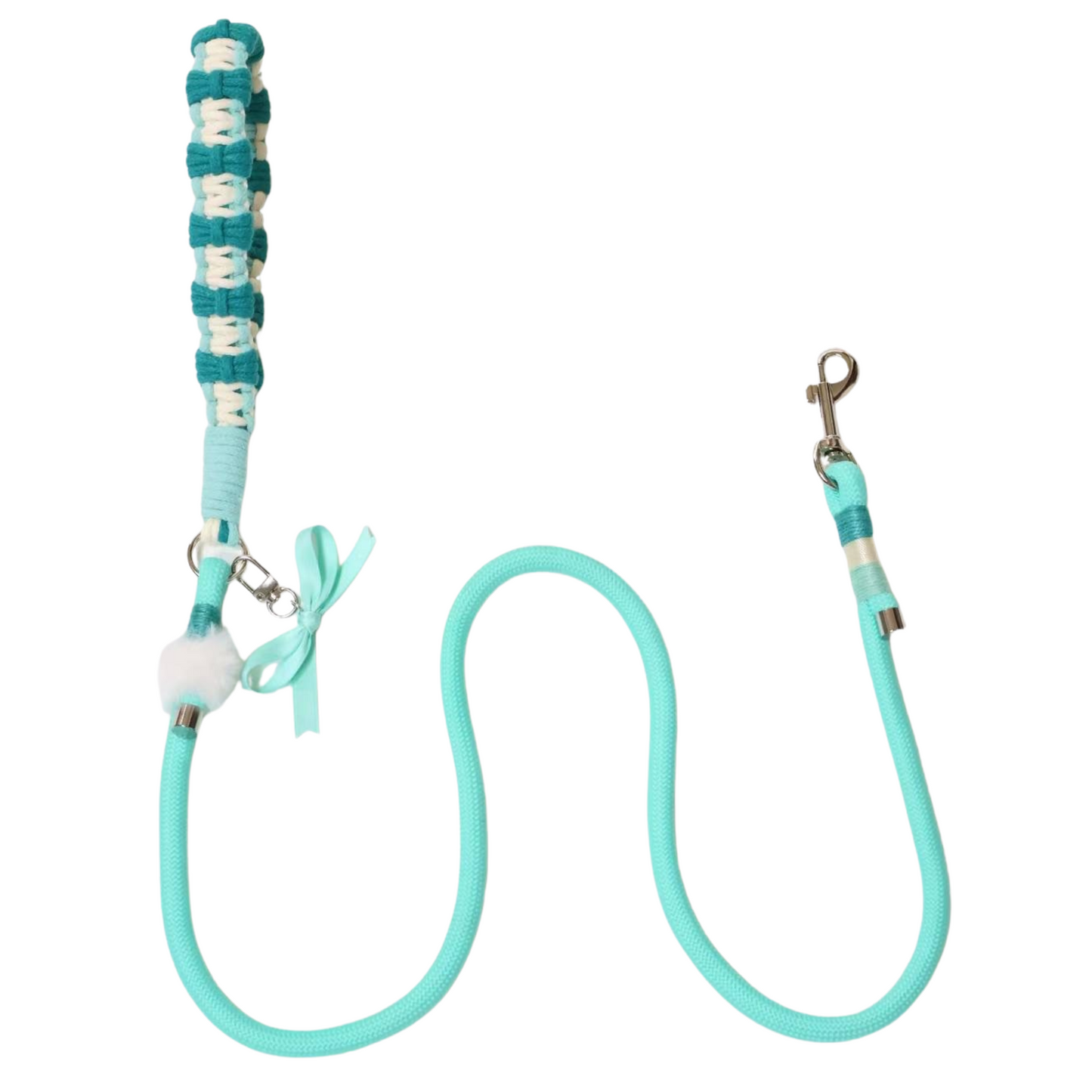 Handmade Tiffany Blue Dog Leash – Cute Rope Pet Lead with Bow and Fluffy Charm