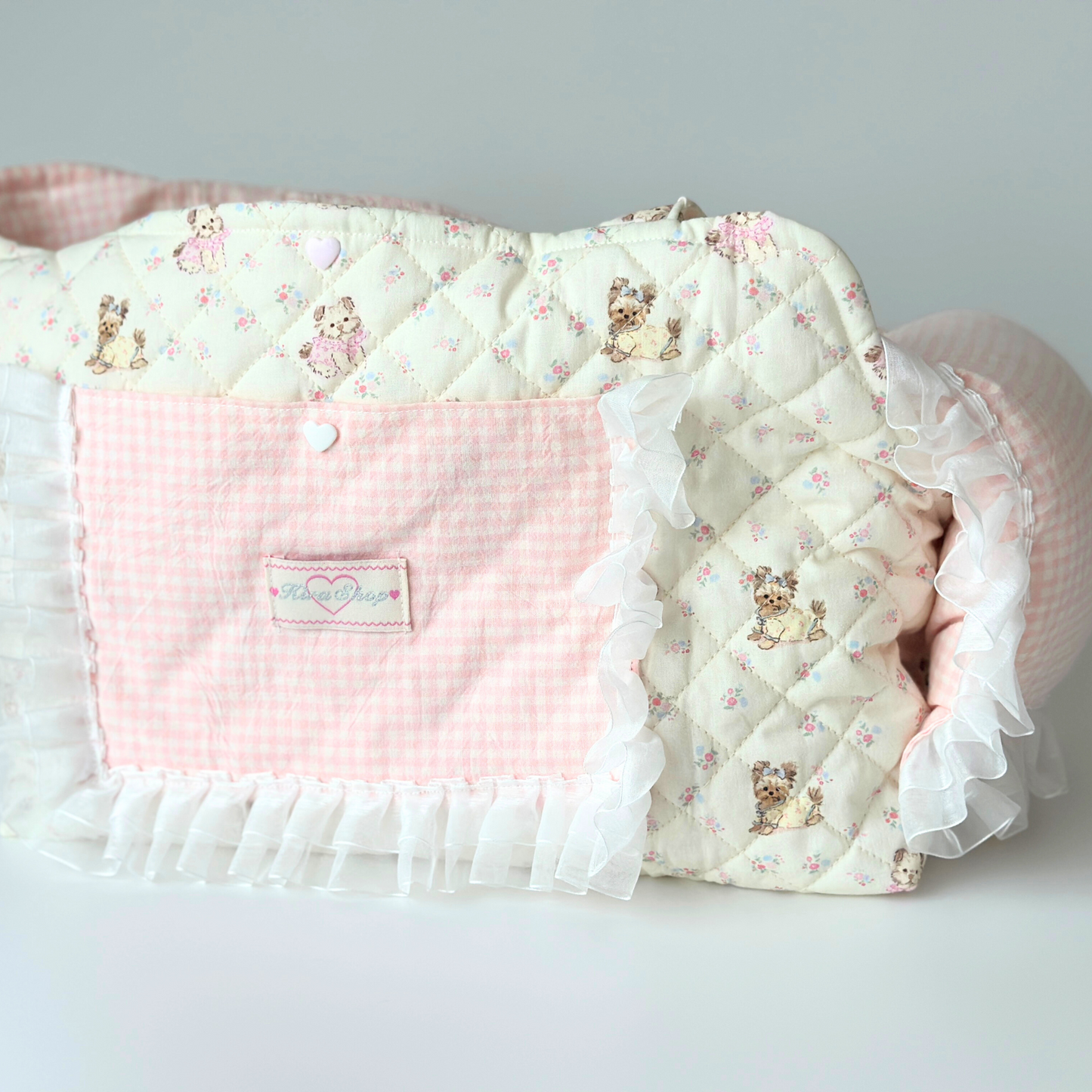 Handmade Quilted Pet Carrier Tote – Pastel Pink Dog Bag with Ruffle Lace and Teddy Print