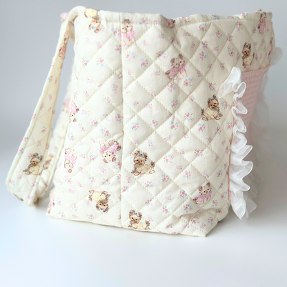 Handmade Quilted Pet Carrier Tote – Pastel Pink Dog Bag with Ruffle Lace and Teddy Print