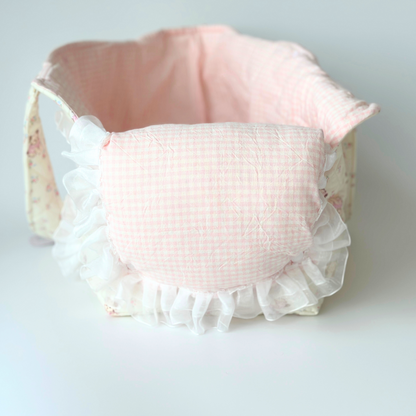 Handmade Quilted Pet Carrier Tote – Pastel Pink Dog Bag with Ruffle Lace and Teddy Print