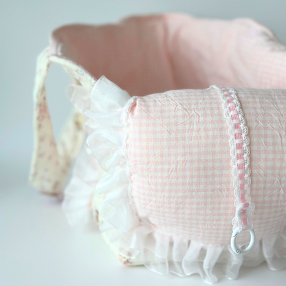 Handmade Quilted Pet Carrier Tote – Pastel Pink Dog Bag with Ruffle Lace and Teddy Print
