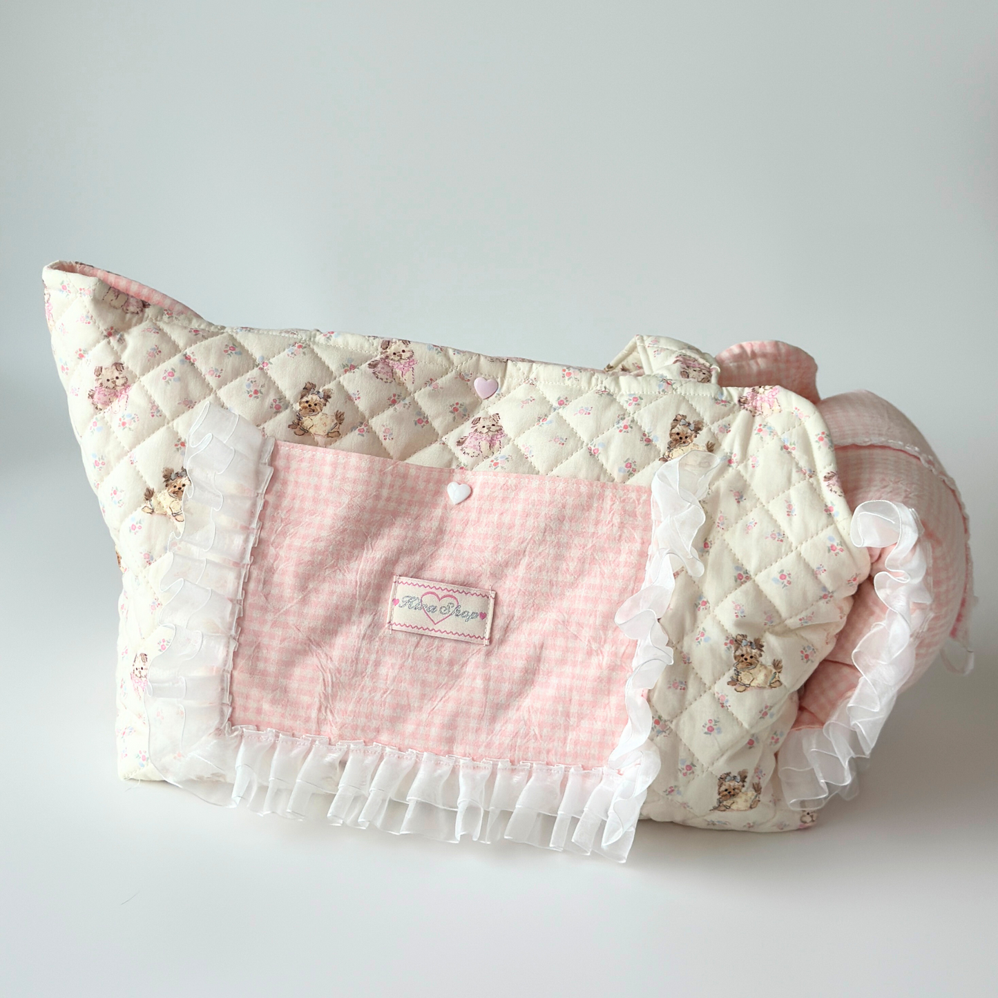 Handmade Quilted Pet Carrier Tote – Pastel Pink Dog Bag with Ruffle Lace and Teddy Print
